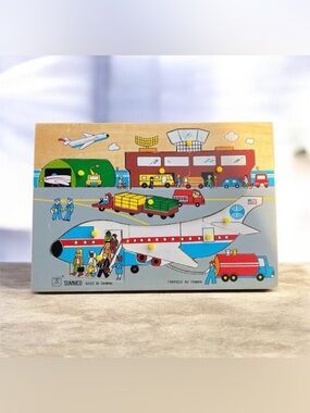 Summco Airplane Airport Puzzle Vintage Wooden Peg Puzzle Rare Nostalgia 1970s